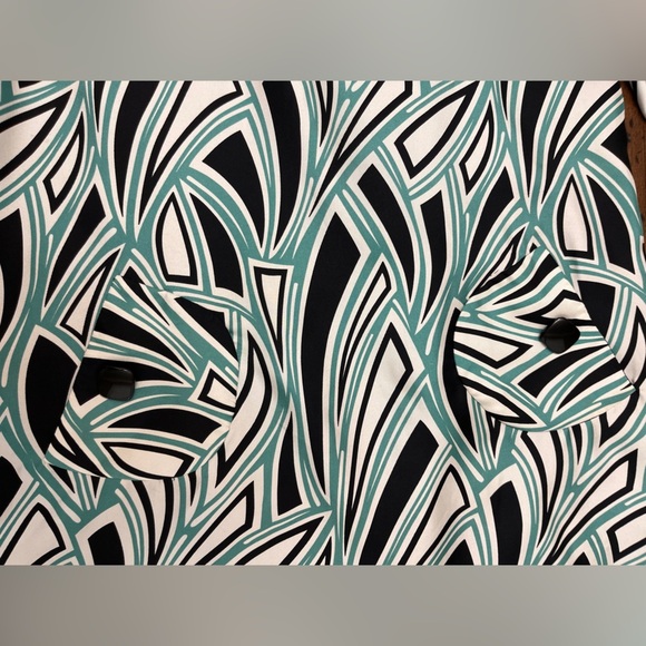 Tibi Shift Dress Size 10 Geometric Pattern Black White Teal 100% Silk Business - Picture 13 of 16